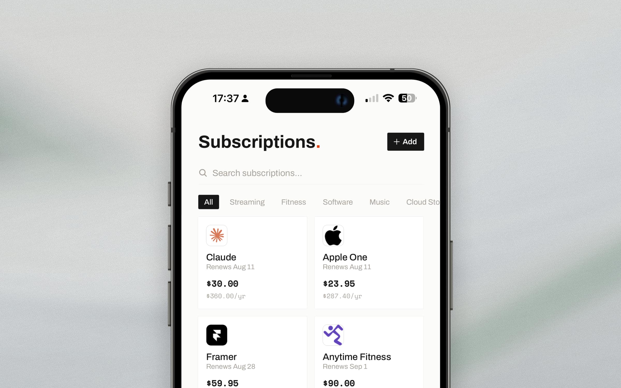 The Subscriptions screen on iPhone: a search field, a row of category filters with All selected, and a two-column grid of cards. Claude renews Aug 11 at $30.00, or $360.00 a year; Apple One renews the same day at $23.95, or $287.40 a year; Framer and Anytime Fitness follow. Every price is set in monospaced figures with the decimal points aligned, and the yearly equivalent sits beneath each one in grey.